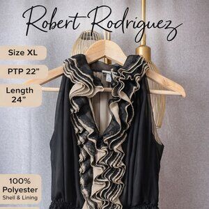 Robert Rodriguez for Neiman Marcus Ruffle Blouse XL Black Lace Trim Top
